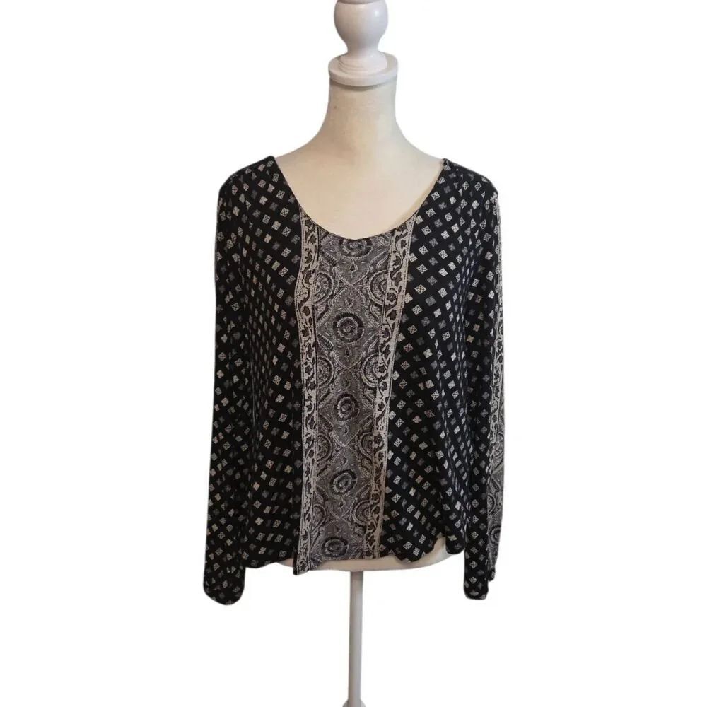 Lucky Brand Boho Mixed Print Long Sleeve Top Blouse Black White Size Small